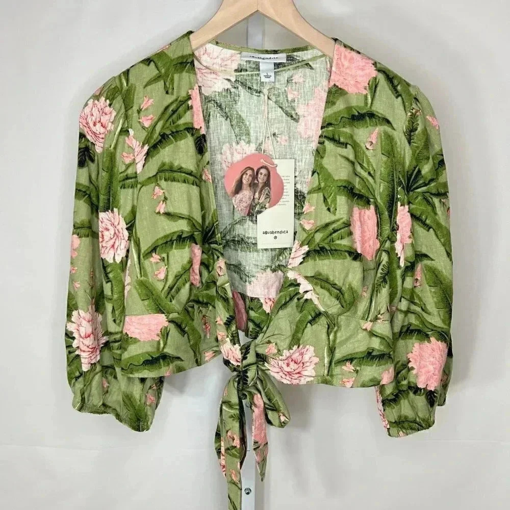 Aguabendita Size Large Tropical Floral Shirt Tie Front Top Blouse 3/4 Sleeve